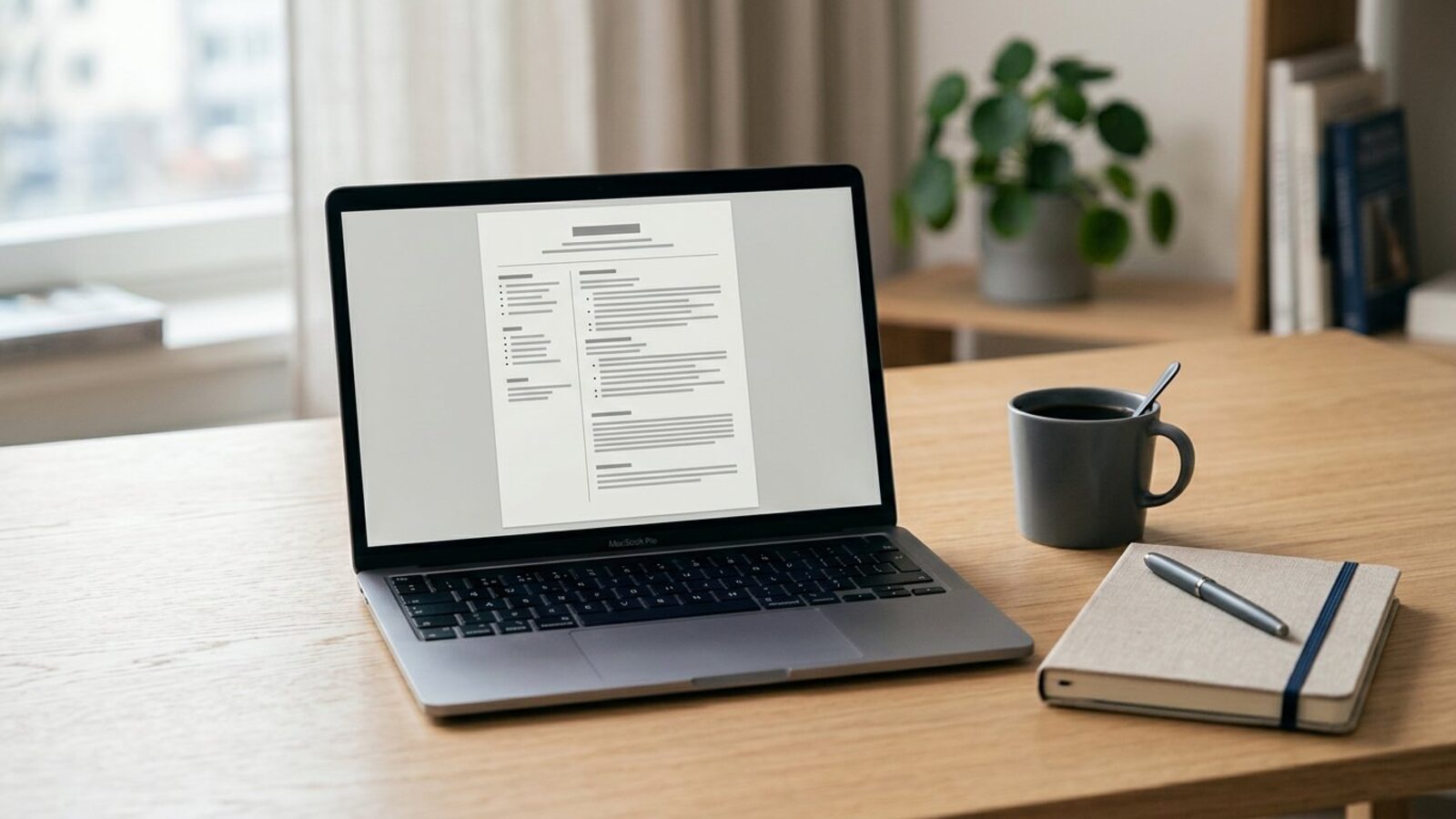 Laptop displaying a resume on a desk beside a notebook, pen and coffee