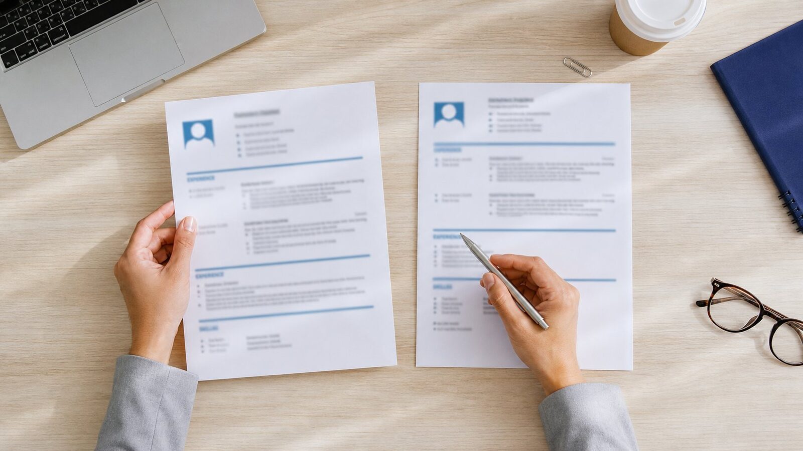 Two printed resume layouts laid side by side on a desk while a recruiter compares them