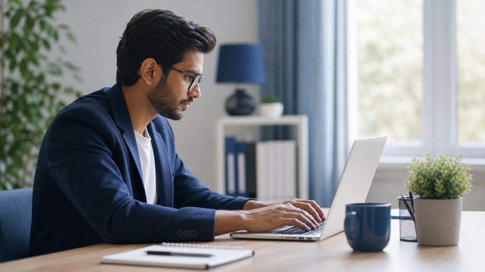 Job seeker drafting a resume on a laptop at a tidy desk with a notebook and pen