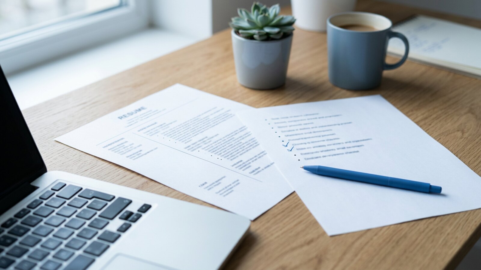 Resume draft on a desk next to a printed checklist with the first items ticked off