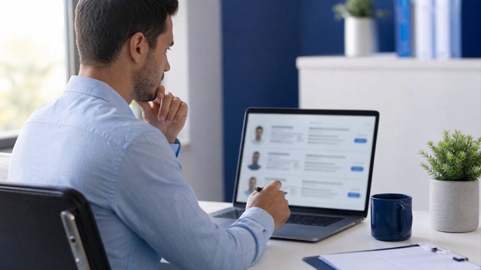 Recruiter reviewing a shortlist of candidates on a laptop in a bright office