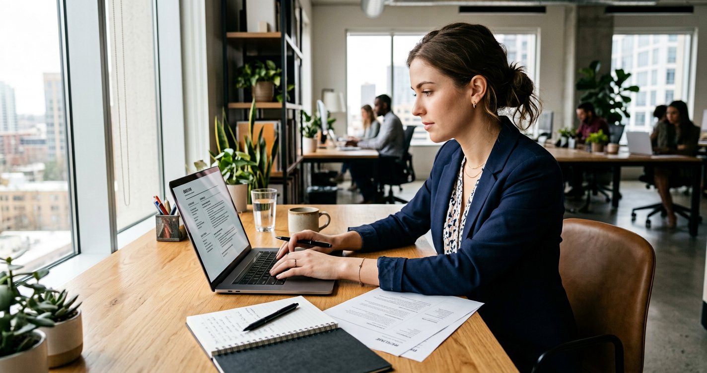 Job seeker writing a professional resume on a laptop at a sunlit desk
