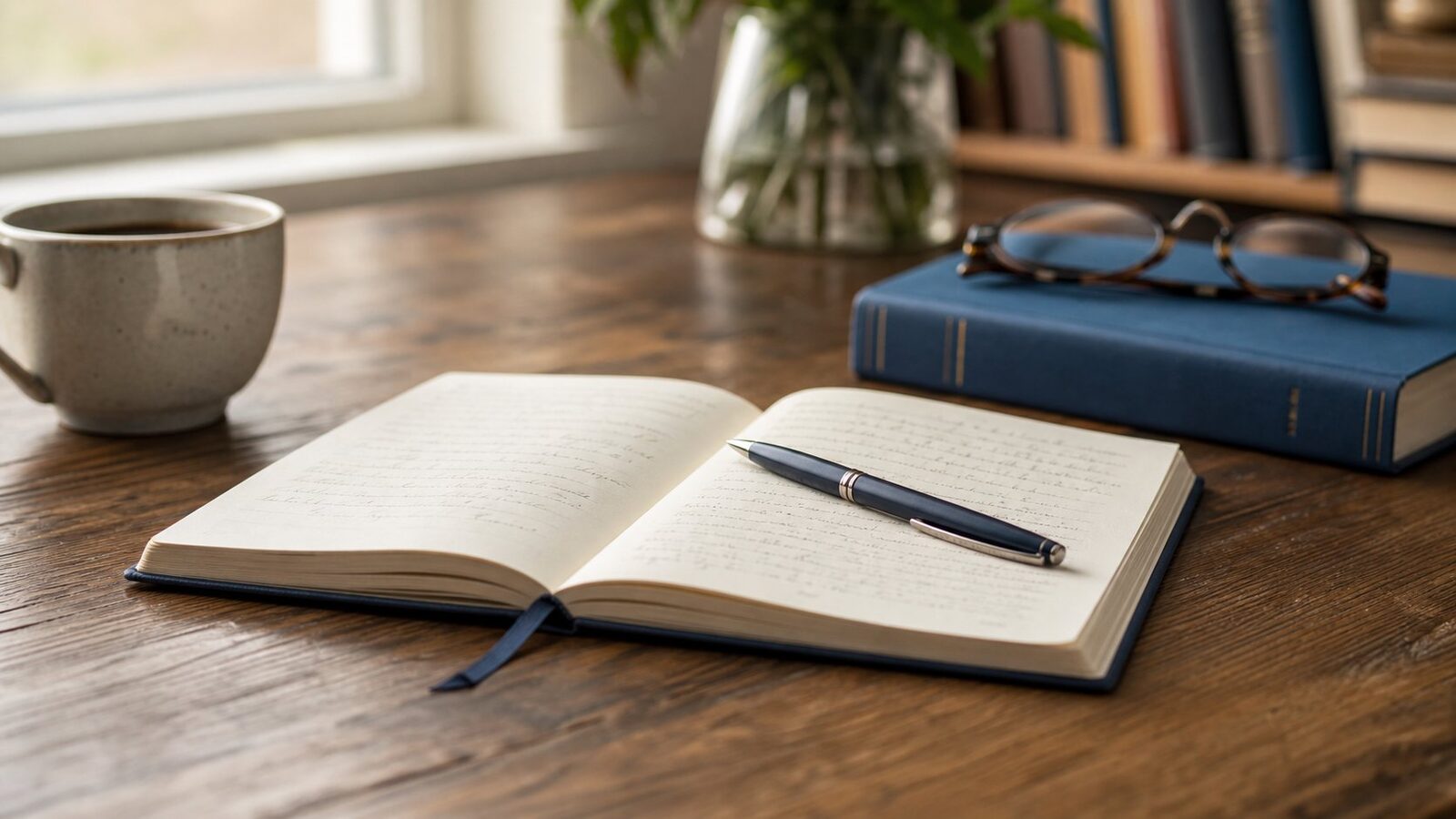 Notebook, dictionary and pen on a warm desk used for sharpening resume language