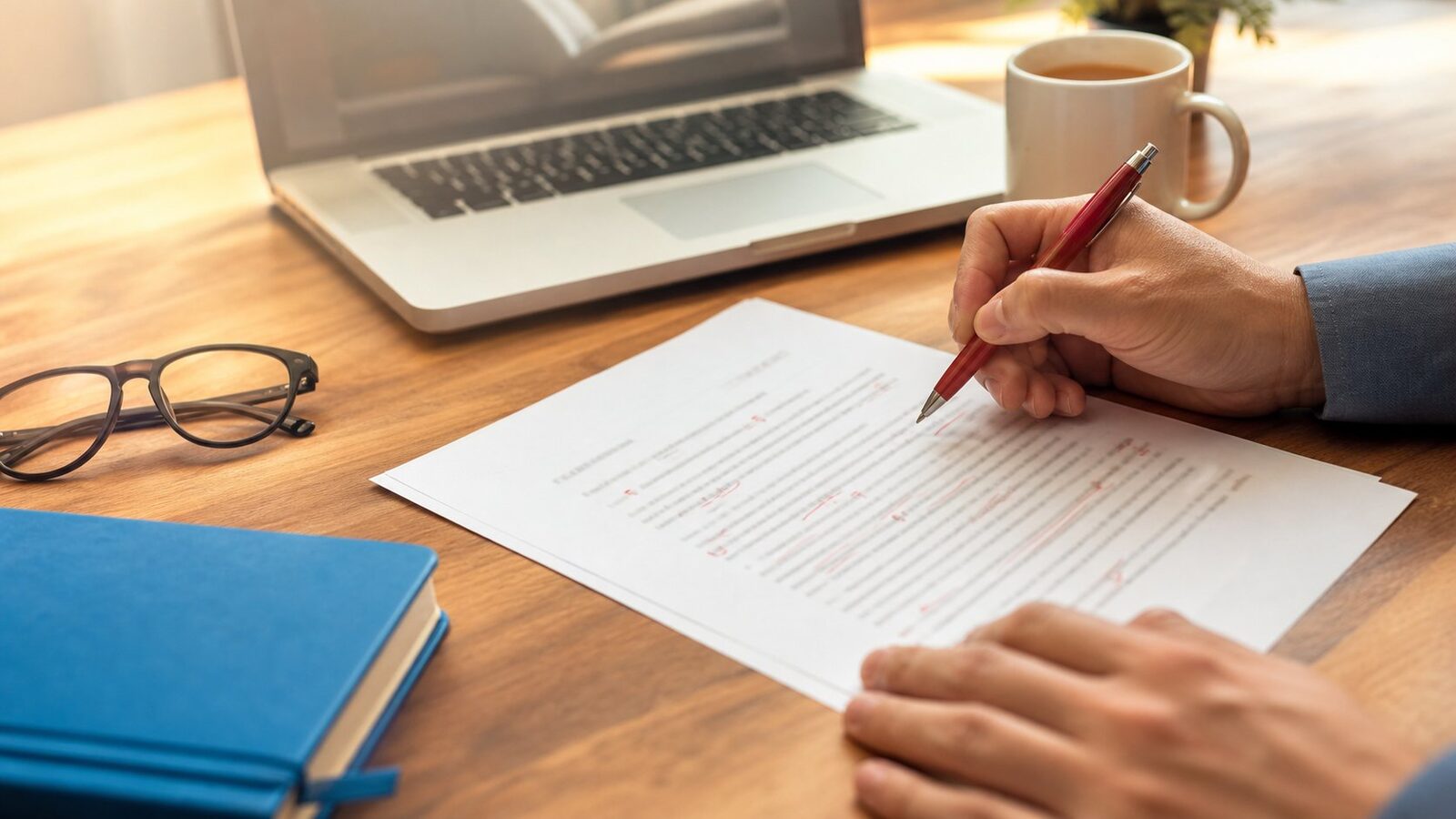 Hand editing printed resume bullet points with a red pen at a desk