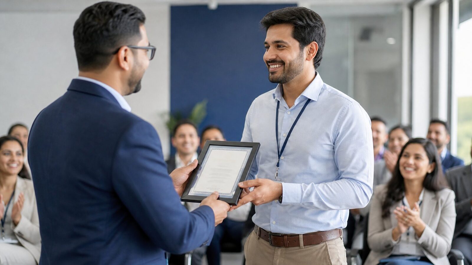 Professional receiving a framed certificate at a corporate training event