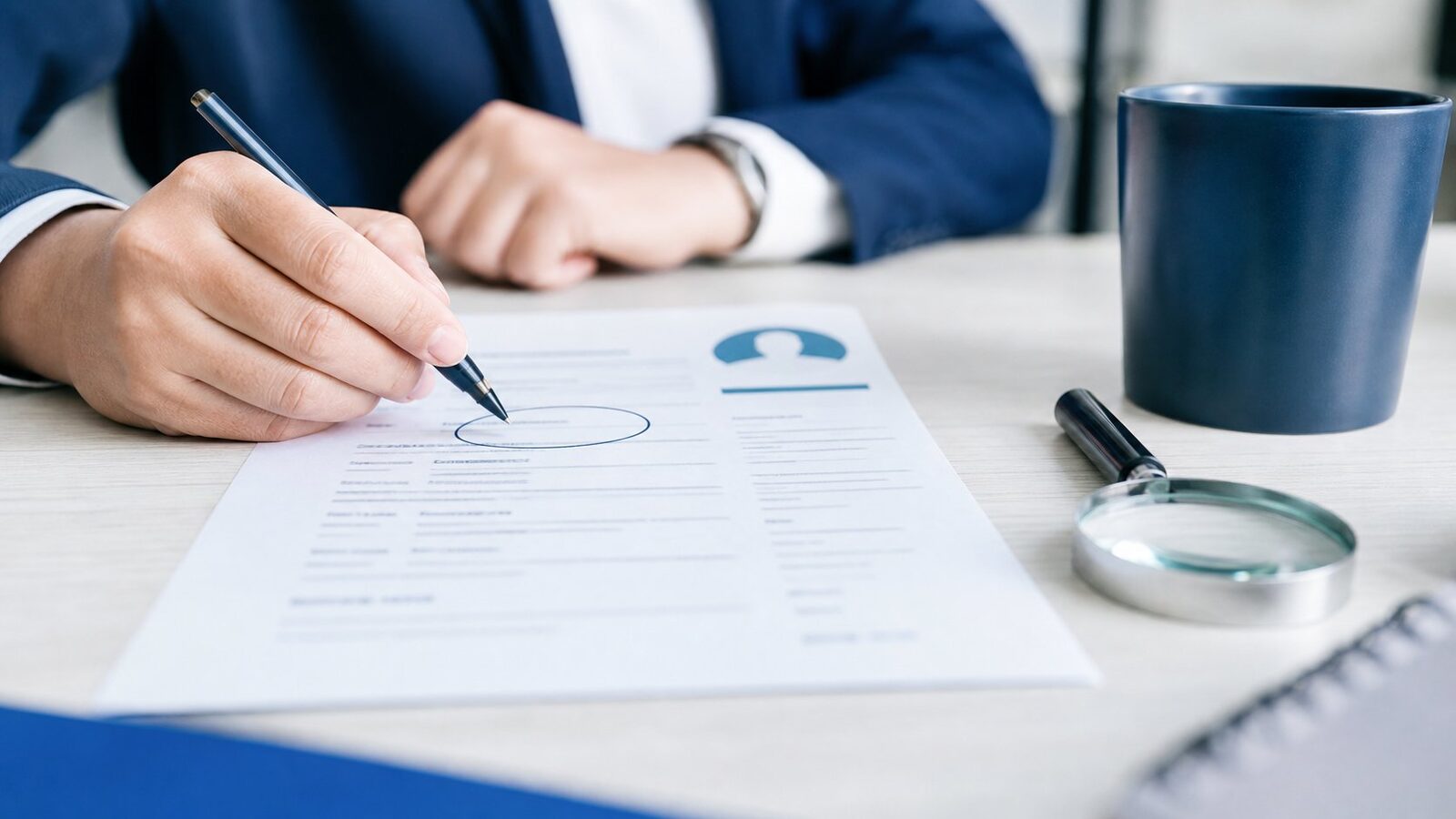 Recruiter marking the headline area of a printed resume with a pen