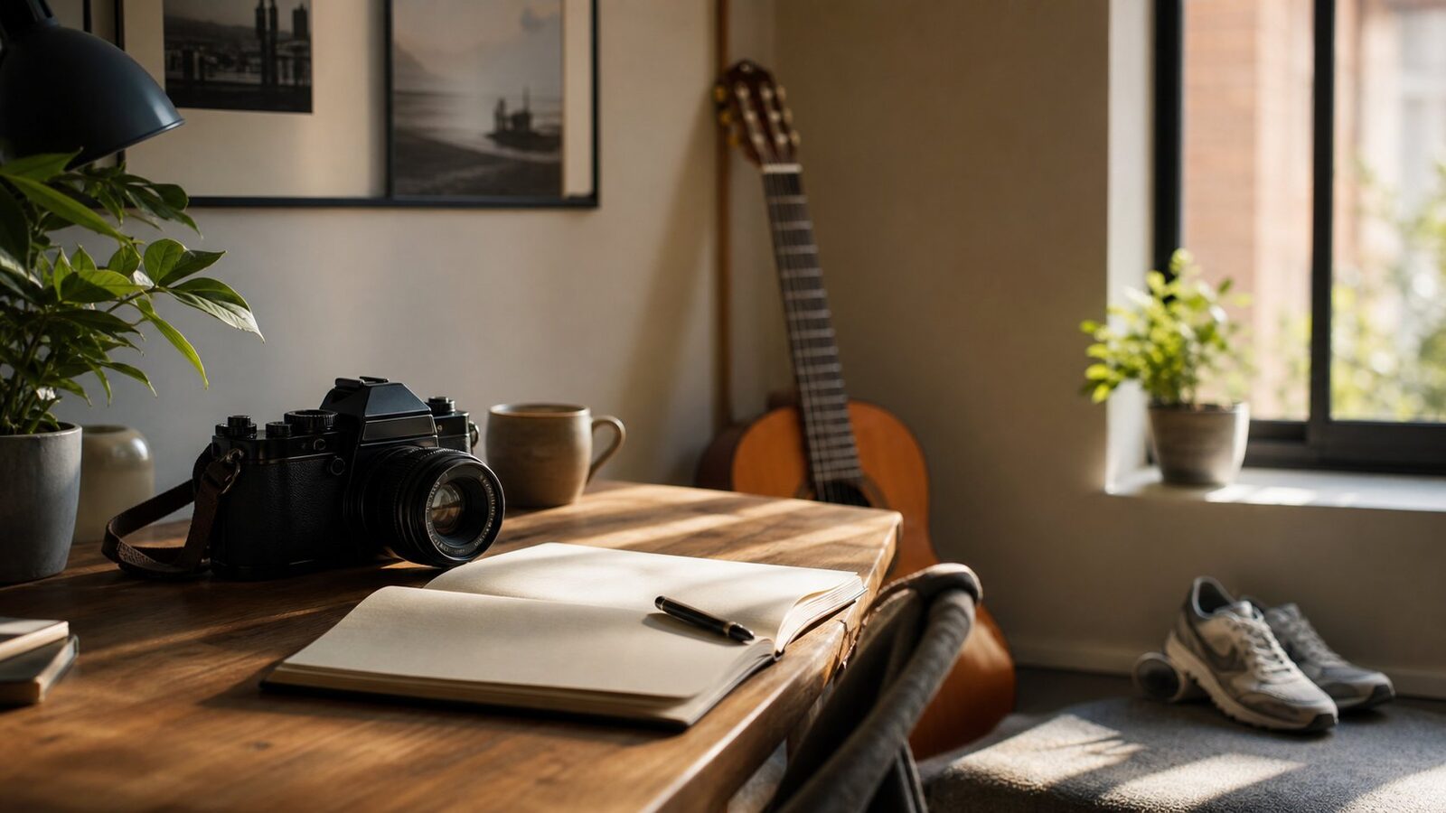 Camera, guitar and notebook on a home desk belonging to a job seeker