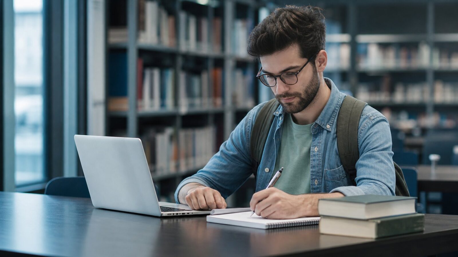 Graduate student planning a job search with a laptop in a university library