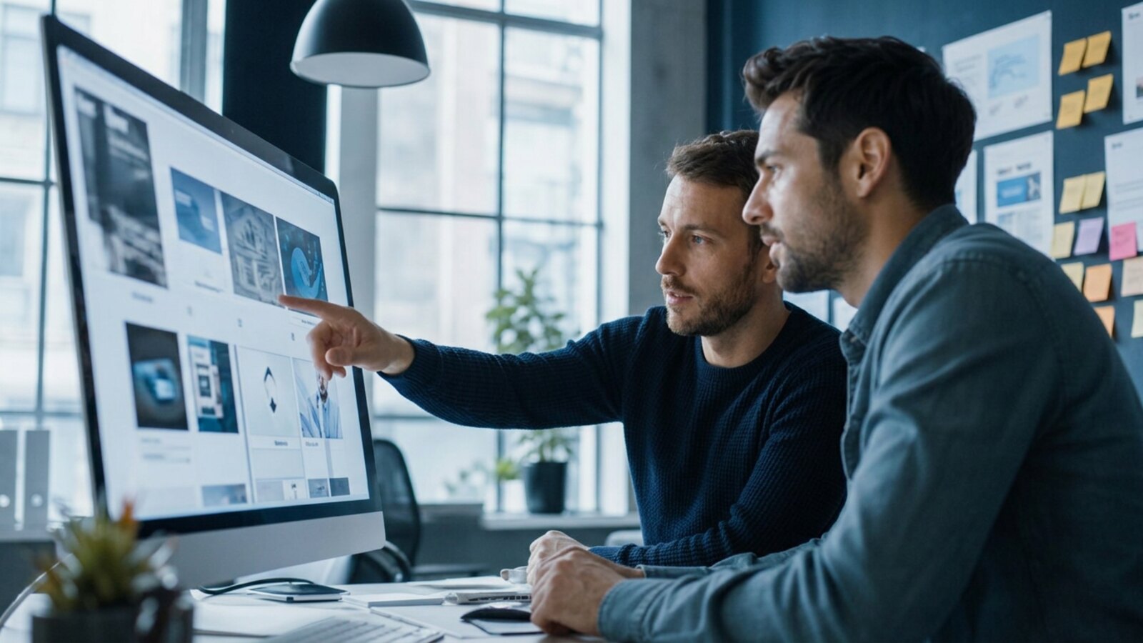Designer and developer reviewing portfolio project work on a large screen