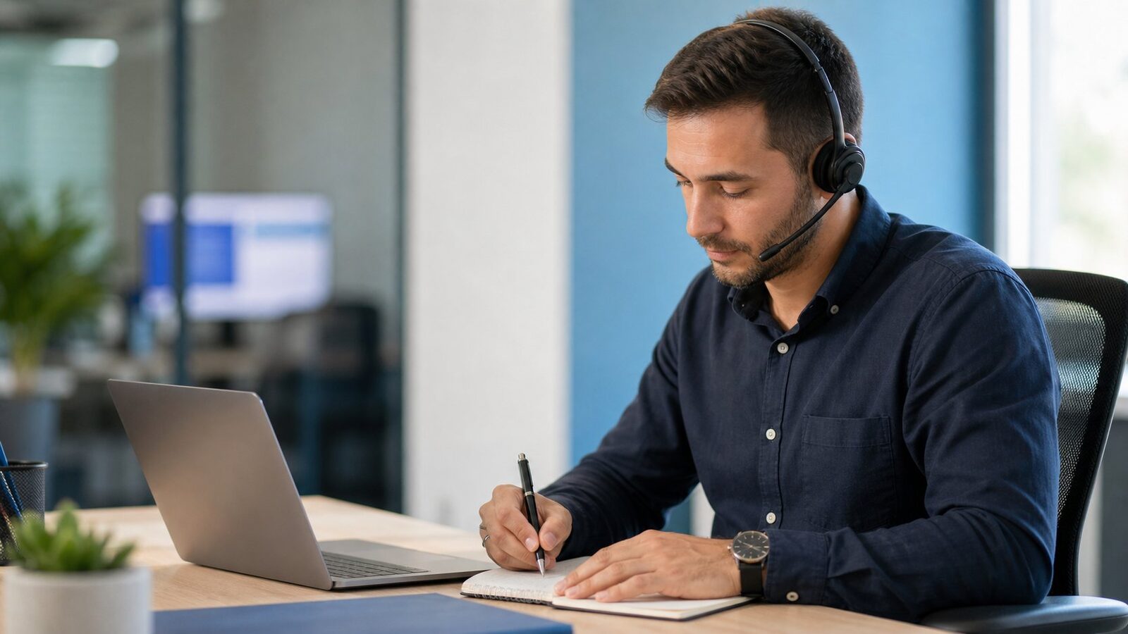 Professional taking notes during a reference call at a desk with a laptop