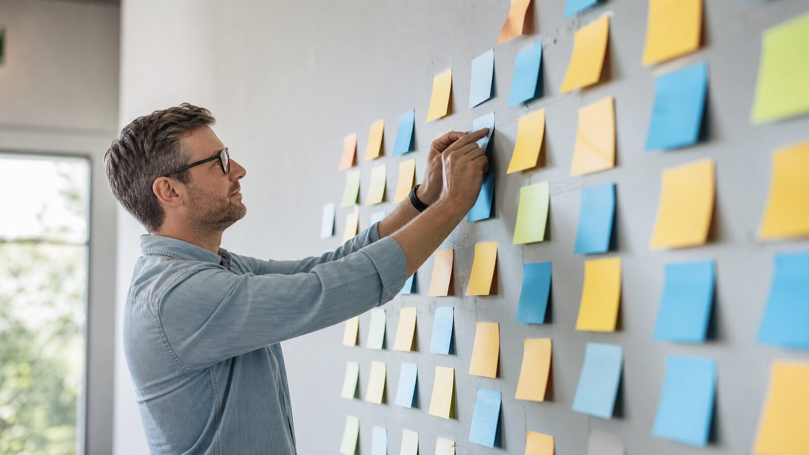 Workshop wall covered in coloured note cards used to group skills